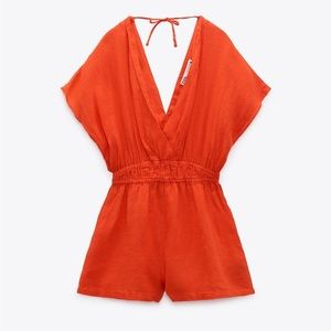 ZARA 100% Linen Short Jumpsuit - Red/Coral